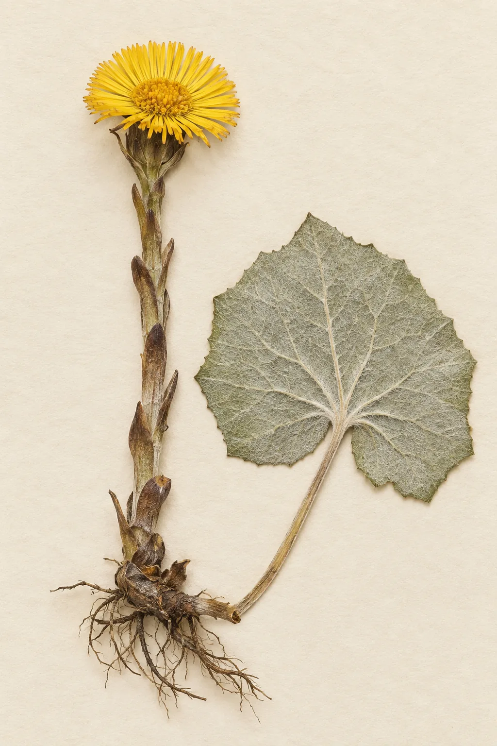 Pressed botanical specimen of Coltsfoot