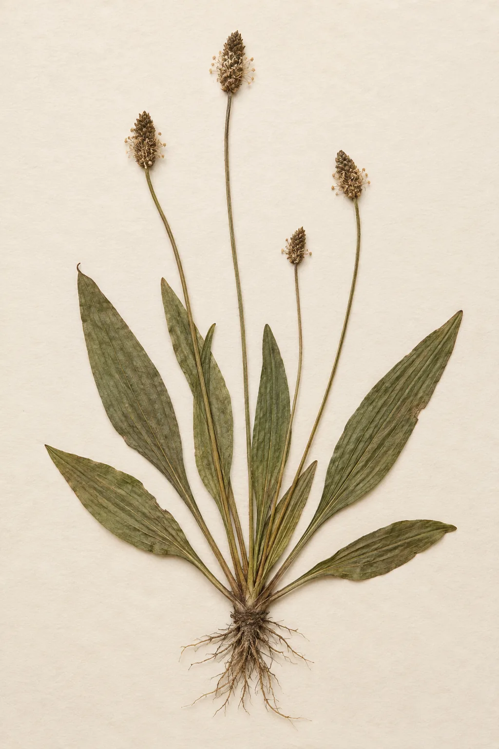 Pressed botanical specimen of Ribwort Plantain